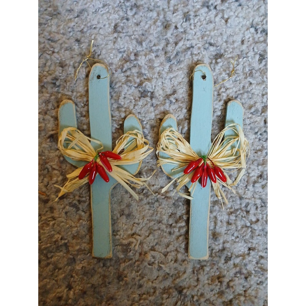 Saguaro Cactus Christmas Ornaments 5¾ x 2½ In Chili Peppers Wooden 2 Ornaments